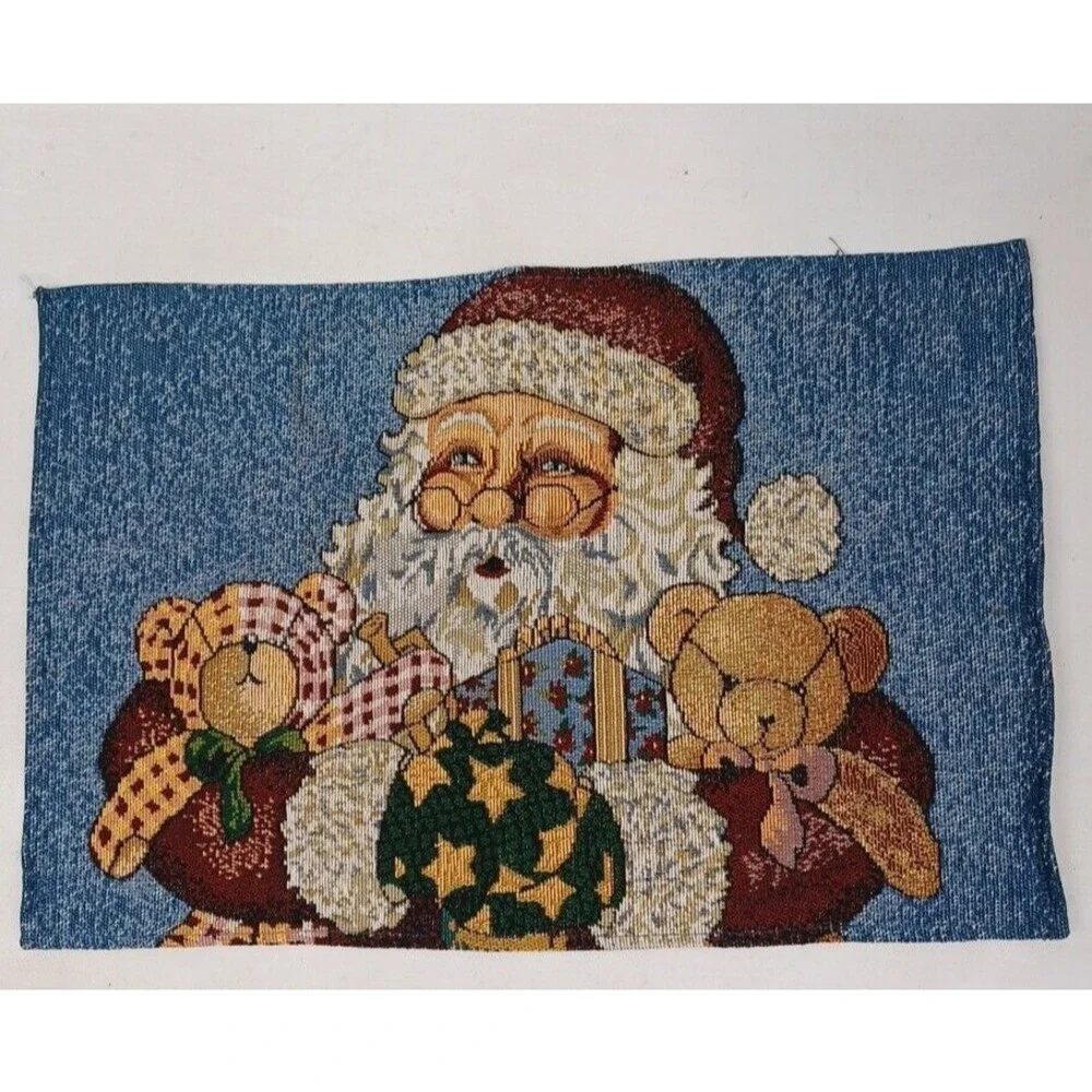 Vtg Christmas Santa Claus Teddy Bear Woven Tapestry Placemats Set of 4